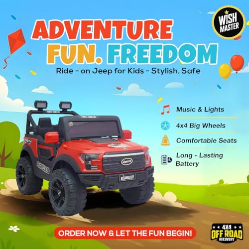 Image of Wishmaster Kids Electric Ride On Car Battery Powered with Remote Control | SUV Ride-On Toy Car for Boys & Girls | 2 Seater, Lights, Music, Off-Road 4x4 Wheel