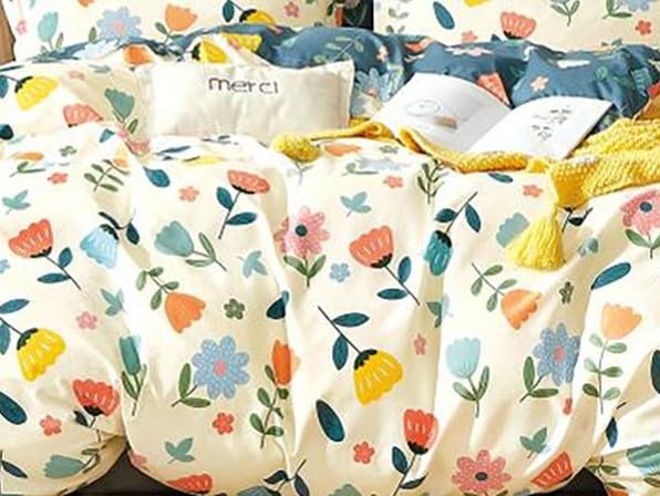 Image of DECOMIZER Glace Cotton King Size AC Comforter - Blanket & Duvet with 1 King Size Elastic Fitted Bedsheet 72 inchX78 inch Inch & 2 Pillow Covers - 4 Piece Comforter Set - Yellow Multi-300 TC