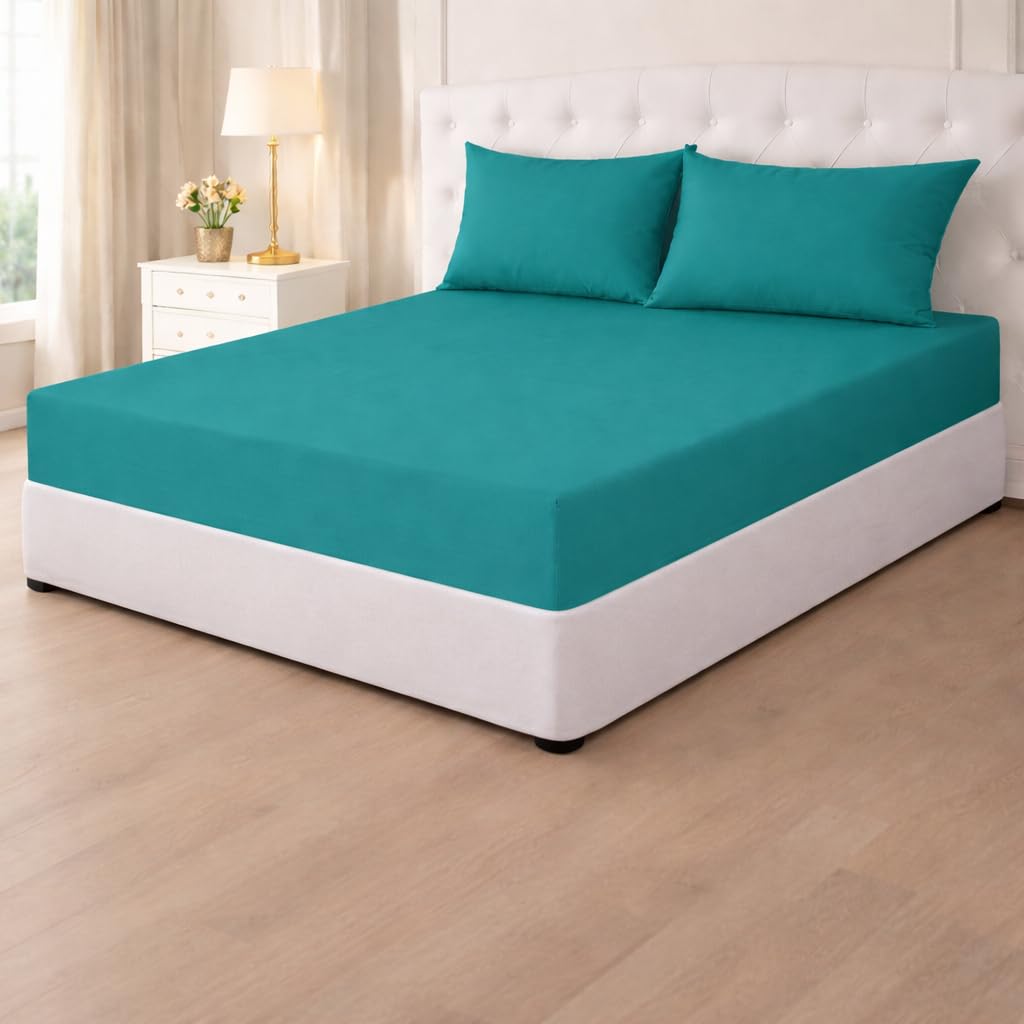 Poly Cotton Fitted Sheets 25cm,Plain PolyCotton Fitted Bed Sheets,Shrinkage & Fade Resistant Percale Quality Fitted Sheets,Non Iron Easy Care (Teal, Double) โ image 1