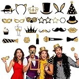 FOVKO 24PCS Gold and Black Photo Booth Props Set, Funny Photobooth Props Kit for Birthday Wedding Graduation New Year Party Celebration Decoration Supplies