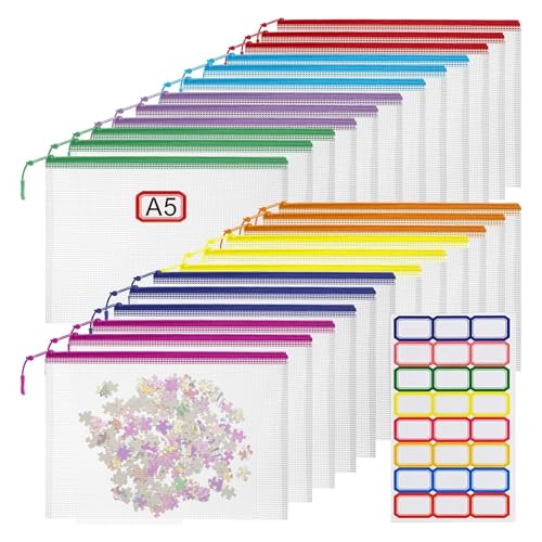 Image of 24pcs Mesh Zipper Pouch File Bags Puzzle Storage Bags, A5 Size 9.4 x 6.9 Inches Large Reusable Zipper Pouches for Organizing Classroom Board Game Organization