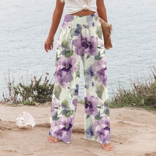 Womens Linen Wide Leg Pants Floral Printing Elastic High Waisted Long Boho Beach Pant Trousers with Pockets3