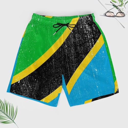 Vintahe Tanzania Flag Casual Beach Shorts for Men Elastic Waist Drawstring Swim Shorts With Compression Liner2