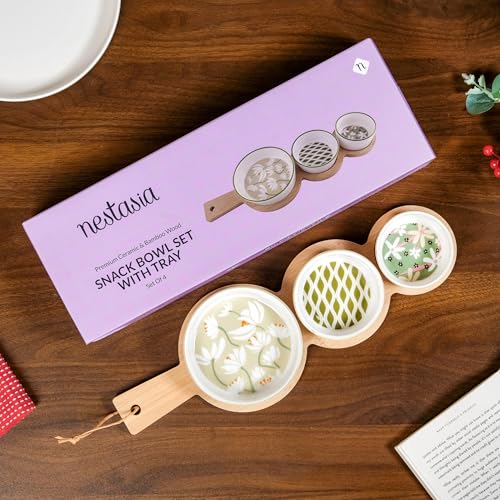 Image of Nestasia Ceramic Serving Platter Set | 3 Small Microwave Safe Snack Bowls with 1 Wooden Tray | 100% Food Safe Tray Set - Perfect for Serving Dips, Dry Fruits & Snacks (Green & White)