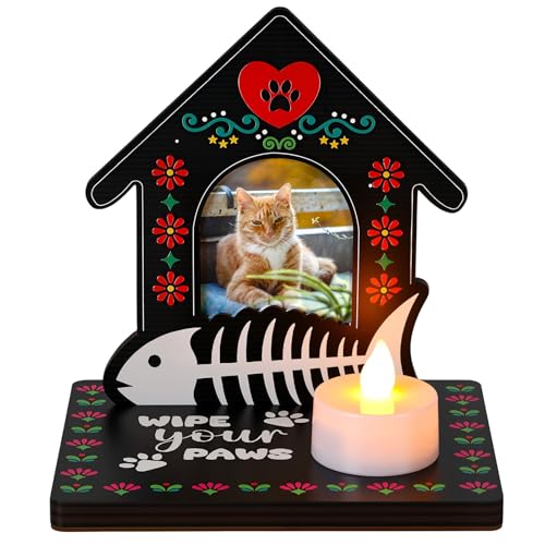 Jetec Day of The Dead Wooden Candle Holder Día De Los Muertos Photo Frame for Home Table Decor Mexican Party Day of The Dead Altar Decorations Remembrance Supplies Halloween Party Favors (Cat)