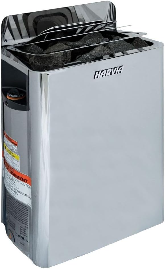 Front view of the Harvia The Wall SWS80 sauna heater with sauna stones visible in the top compartment.