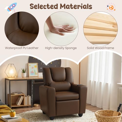 Image of HONEY JOY Kids Recliner, 2-in-1 Toddler Armrest Sofa Couch with Cup Holders, Adjustable Footrest, PU Leather, Child-Size Recliner Chair for Boys Girls Age 3+ (Brown)