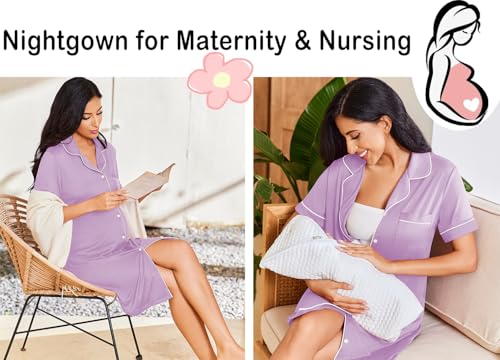 Image of Ekouaer Nightgowns for Women Button Down Sleepshirt Short Sleeve Nightshirt Boyfriend Pajamas V Neck Nightdress S-XXXL