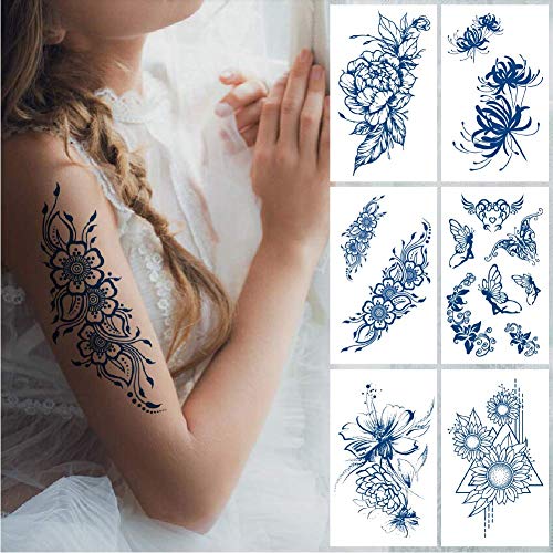Upgrade Semi-Permanent Temporary Tattoos Butterfly Flower Sticker, 6 Large Sheets Juice Lasting 1-2 Weeks Tattoo for Women Girls and 10 Sheets Ordinary Temporary Tattoo Stickers(Total 16 Sheets)