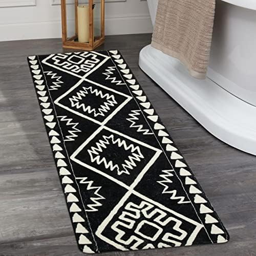 Uphome Boho Long Bathroom Rugs Black Farmhouse Cute Bath Mat Non Slip Soft Washable Bathroom Mats Tribal Aesthetic Moroccan Trellis Rug for Sink Shower Doormat Vanity, 20×59 inch