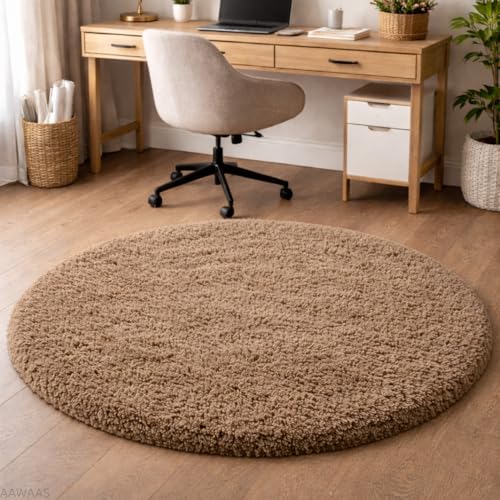 Image of Premium Polyester Shaggy Round Rug - Ultra Soft Fluffy Circle Carpet for Bedroom, Living Room, Kids Room, Anti-Skid Plush Floor Rug - (Beige, 4 feet|120cm)