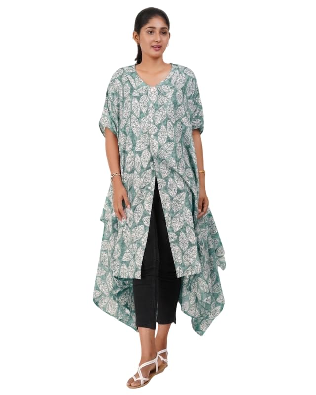 Image of MENMAII Women's Cotton Designer Dress|Fits up to 3XL| Front Open Button Down | Asymmetrical Hem | Chelsea Collar | Drop Shoulder | Flowy Loose Fit | Knee Length | Free Size [Pink Leaf]