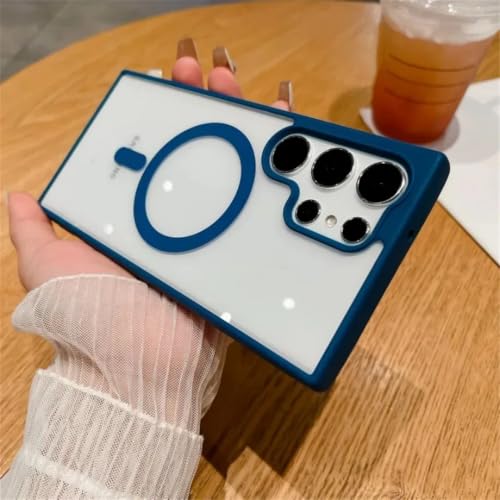 Coque Galaxy S25 bleue magnétique avec cadre givré en acrylique
