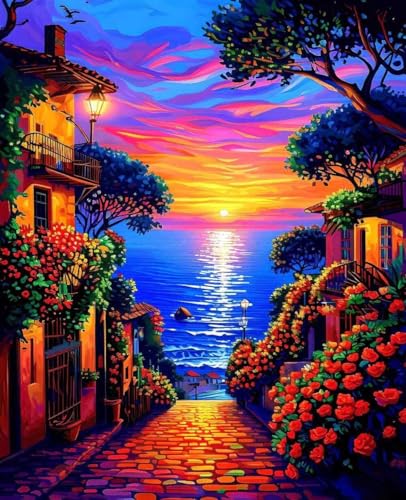 数字油絵 海 数字キットによる絵画 通り Paint by Numbers DIYペイント 大人の 初心者 子供用 簡単に塗れる アクリル水彩絵の具 手芸 画材 手工芸 キット 3つのペイントブラシと1つのセットのアクリル顔料を使用 ホーム オフィス装飾