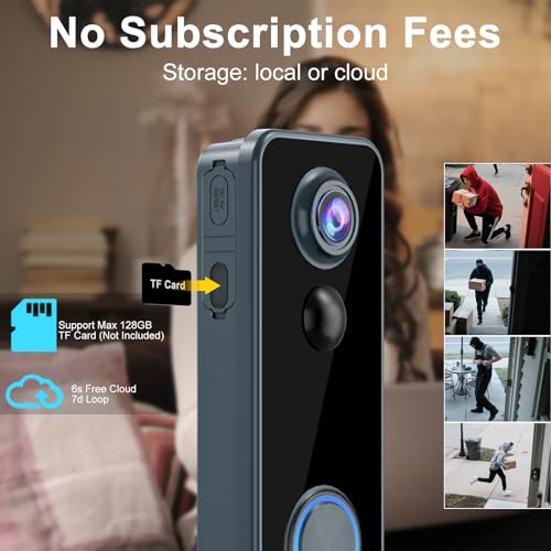 Doorbell Camera Wireless, Head-to-Toe Video - No Subscription Required,2K HD Live View, Two-Way Talk,Smart Video Doorbell with Chime,Battery Powered,Motion Alerts,Works with Alexa &Google(2.4G WiFi)