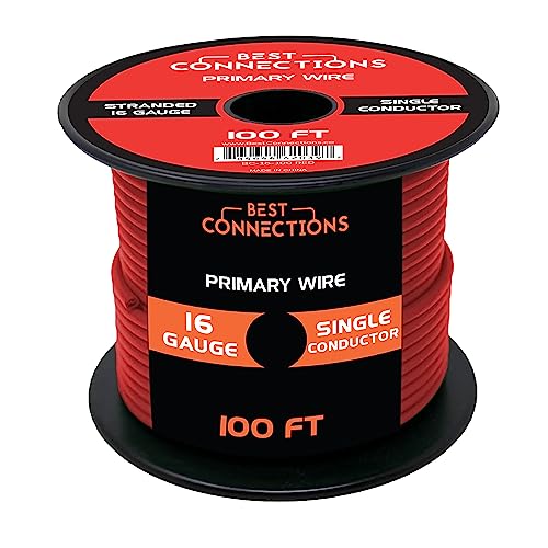 BEST CONNECTIONS Automotive Primary Wire - 100ft (Various Color Options) | Ideal for Trailer, Speaker, and Lighting Circuits | Durable Primary/Remote, Power/Ground Electrical Wiring (16 Gauge, Red)