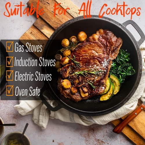 Pinnacle Cookware  4.7 Litre / 5 Quart Pre-Seasoned Cast Iron Double Dutch Oven/Casserole Dish | Dual Function Skillet Lid | 2 in 1 Cooking Set | Cast Iron Pot | Camping | Handle Covers & Scraper