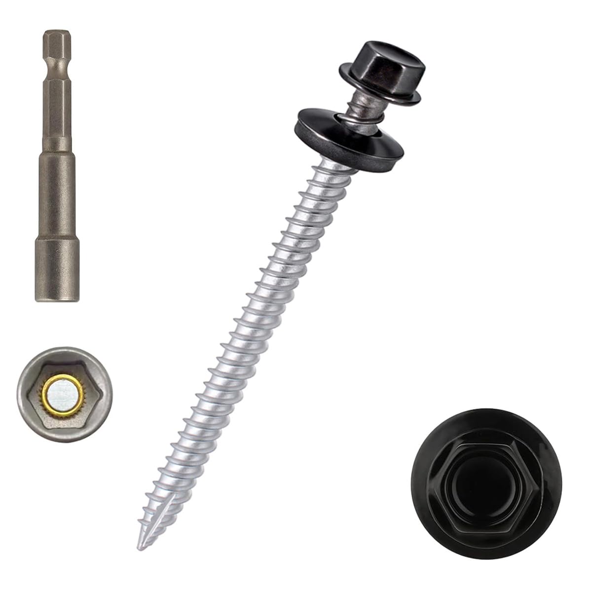 50Pcs Metal Roofing Screws #10x2-1/2 Waterproof Screws for Roof Repair | Black Hex self-Tapping Screws with EPDM Washer, Galvanized Anti-Rust Metal to Wood Siding Screw (Hex Socket Included)
