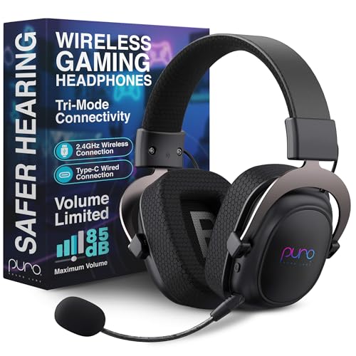 Puro Sound Labs Wireless Gaming Headset - Easy to Pair with 2.4GHz USB, Volume-Limited, Tri-Mode Connectivity, Detachable Mic, 32-Hour Battery, Wireless Gaming Headphones for PC - PuroGamer-BT, Black