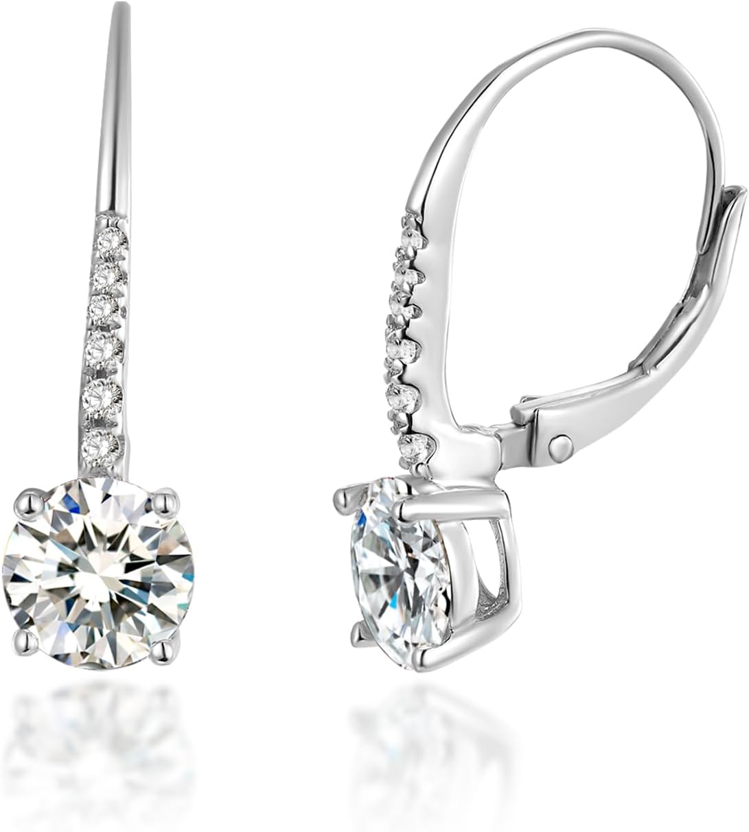 Moissanite Dangle Earrings for Women,18K White Gold Plated 925 Sterling Silver 2ct Round Brilliant D Color VVS1 lab Created Diamond Halo CZ Drop Earrings