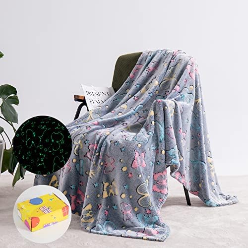 QSTEHEML Glow in The Dark Throw Blanket, Luminous Blanket Birthday Gift for Boys Girls Kids Toddlers, Cozy Soft Fluffy Fuzzy Flannel Fleece Blanket for Couch Sofa Bed, 50" x 60", Butterfly