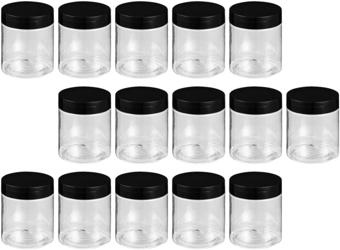 15pcs Plastic Jars with Black Lids for Cosmetic Storage and Food Preservation, Wide Mouth Pet Containers for Travel and Wedding Party Favors