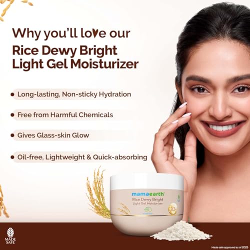 Image of Mamaearth Rice Dewy Bright Light Gel Moisturizer with Rice Water& Niacinamide For Glass-skin Glow 200g| Long-lasting, Nonsticky Hydration |Oil-free, Lightweight & Quick-absorbing |No Harmful Chemicals