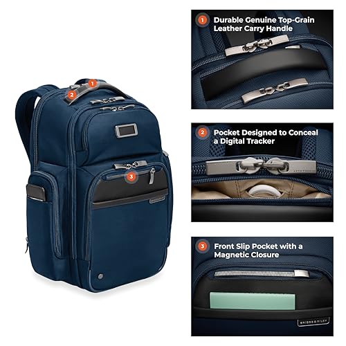 Image of Briggs & Riley Medium Cargo Backpack for Women & Men - Laptop Backpack, For Work & Travel, Lightweight & Durable, Padded Straps, Fits up to 15 inch Laptop - @work Collection, Navy