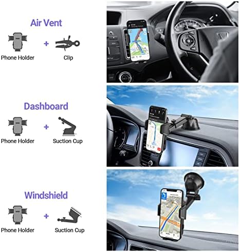 Amazon Brand - Eono Car Phone Holder , 3 in 1 Universal Dashboard Windscreen, Air Vent Mount for Car with 360° Rotation, Suction Cup Compatible with iPhone 14,13,12, Samsung Huawei and More