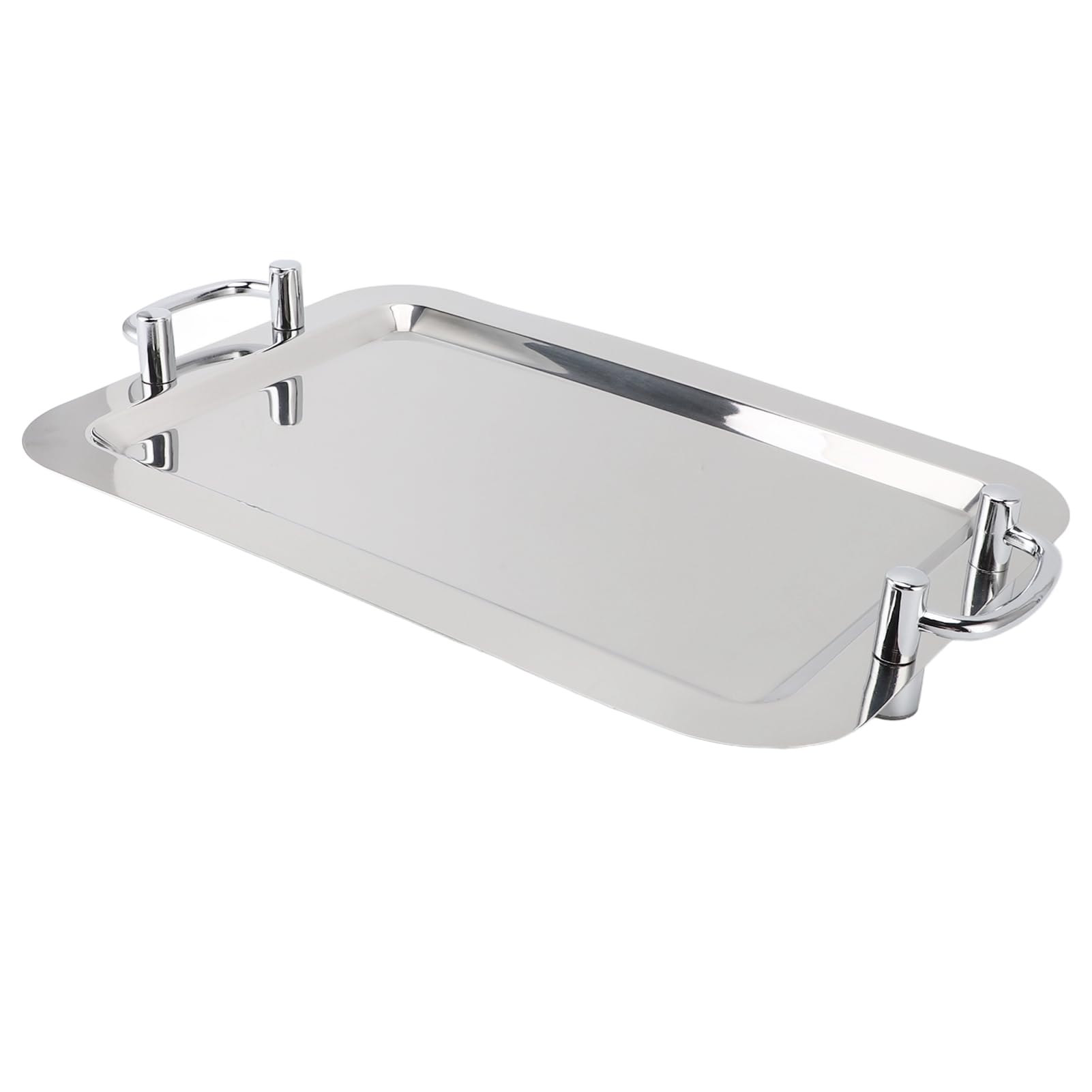 Stainless Steel Serving Tray with Handle, Multifunction Portable Metal Platter, Elegant and Practical Dinner Plate for Restaurant Hotel Buffet (Rectangle Shape with Silver Handle, 47.5cm)