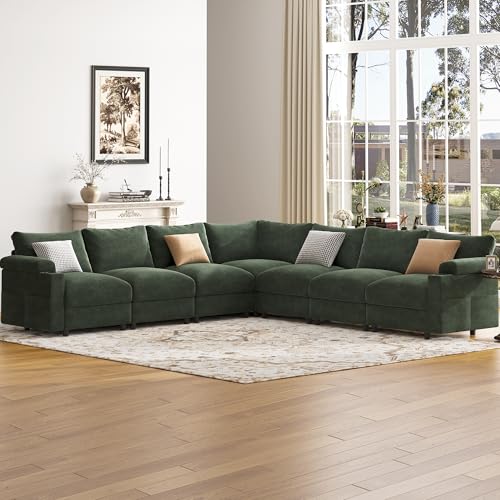 Image of Sectional Couches for Living Room FSC Certified Chenille Modular Couch Oversized Cloud U Shaped Convertible Sleeper Sofa Chaise Detachable Armrest Cushion (Chenille Green, Corner V Shape 7 Seat)