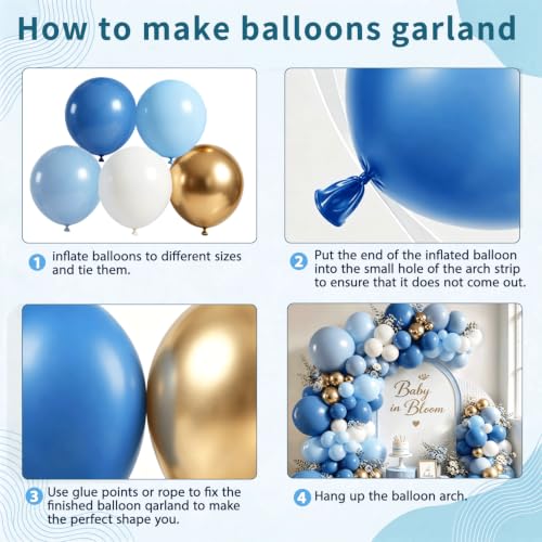 Image of Zesliwy Dusty Blue White Gold Balloons Arch Kit, Latex, Party Decoration