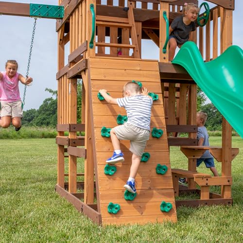 Backyard Discovery Highlander Cedar Wood Swing Set with Wave Slide, Three-Story Clubhouse, Rock Wall, Picnic Table, Belt Swings, Web Swing, Sandbox, Three Ladders, Toy Accessories, Outdoor Playset - image 7