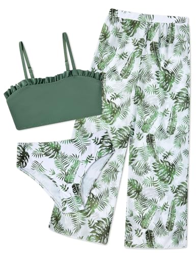 Image of Vogseek 6-16T Girls 3 Pieces Bikini Bathing Suit with Rash Guard Pants Quick Dry Swimwear Cover-Up Sets