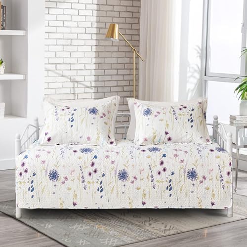 Image of Jarson 3 Pcs Floral Daybed Cover Set Twin Size Purple White Flower Sofa Cover Bedding Sets Double Side Bed Set for All Season Botanical Pattern Daybed Quilt Set with Pillow Shams
