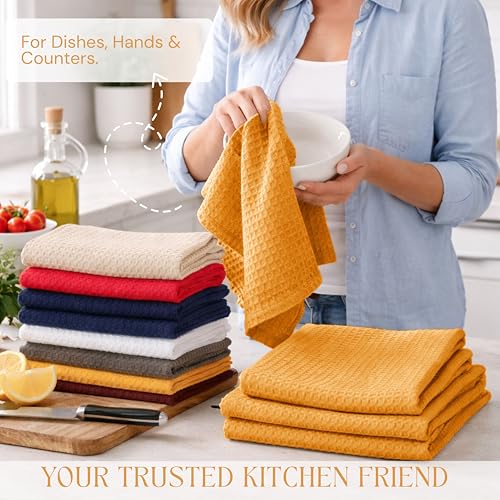 Image of Mustard Yellow Waffle Kitchen Dish Towels 100% Cotton, Soft, Absorbent, Quick Drying, Multipurpose Use, Bar & Hand Towels, 16x26 Inches, Durable, Machine Washable, Reusable, Set of 4