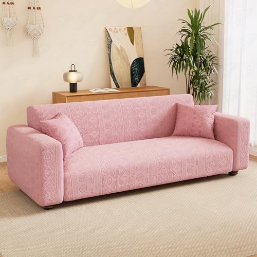Image of Lukzer 3 Seater Pastel Pink Tribal Pattern Sofa Cover | 240 GSM Universal Stretch Fit Jacquard Fabric Couch Protector | Fully Covered Anti Slip & Washable Sofa Cover (180-230cm /SC-073-03)