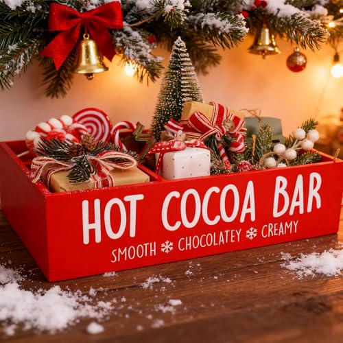 FYSUIMU Christmas Hot Cocoa Bar Wood Station Organizer Countertop with 4 Compartment Cocoa Decorative Storage Bin Vintage Red White Xmas Winter Open Holder Box for Holiday Party Gift Home Office Decor
