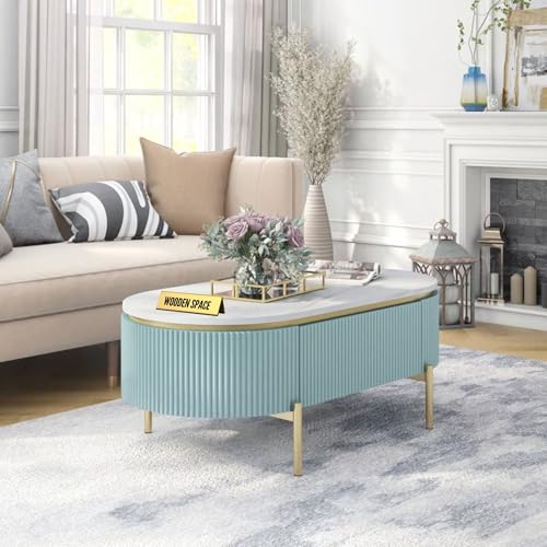 Image of WOODEN SPACE Premium Marble-Top Center Table with Iron Legs | PVD Coated Modern Coffee Table for Living Room & Entryway | 42x24x18 Inches (Sky Blue)