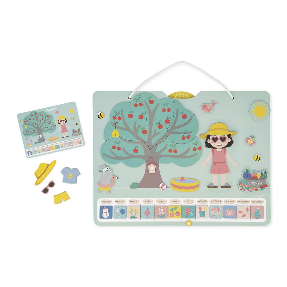Janod - Calendario delle Stagioni - Calendario Educativo in Legno per Bambini 42 x 32 cm - Magnetico - 125 Magneti - Tempo e Stagioni - Versione Inglese - Dai 3 Anni, J5464