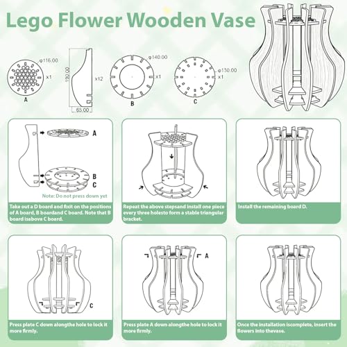 Image of Wooden Vase Compatible for Lego Flowers Bouquet, 3D Wooden Puzzle Vase with Lego Botanicals, Roses, Sunflowers, Tulips, Cherry Blossoms, Daffodils, Lotus（No Flower）