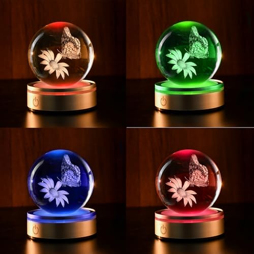 Image of IFOLAINA 3D Butterfly Crystal Ball Decor Lamp Gifts Ideas for Mom Her | Butterfly Gifts for Girlfriend Wife Her Mothers Day Birthday Christmas Butterfly on Sunflower in Glass Ball