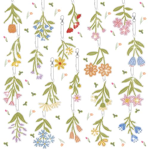 Aurelema 20 Pieces Wildflower Diamond Painting Keychain 5d DIY Painting Kit Wildflower Hanging Diamond Art Kits Woodland Theme Ornaments for Kids Crafts Family Decor