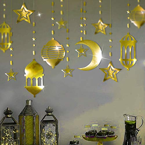 16Pcs Islamic Gold Star Crescent Moon Lantern Ramadan Garland Eid Decoration Home Happy Ramadan Mubarak Party Decor Hanging Streamer Wedding Backdrop Banner Aladdin Birthday Party Supplies #TOP5
