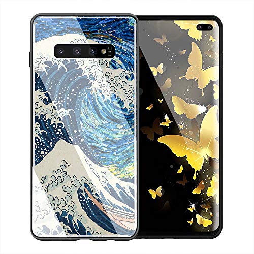 YINZONGSTORE Samsung Galaxy S9 Plus Funda, Cubierta Trasera de Vidrio Templado, Silicona Suave, Compatible con Samsung Galaxy S9 Plus AMA-70 The Great Wave Off Kanagawa