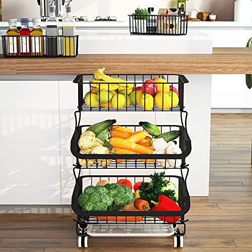 Fruit Vegetable Basket, 1Easylife 3 Tier Stackable Metal Wire Basket Cart With Rolling Wheels, Utility Rack For Kitchen, Pantry, Garage, With 2 Free Baskets (3 Tier) #TOP4