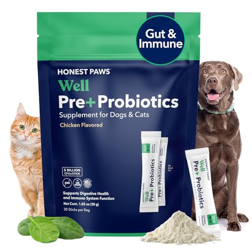 Honest Paws Probiotics for Dogs - Digestive & Immune Support Powder with Prebiotic Made in The USA, Chicken Flavor (30 Sticks)