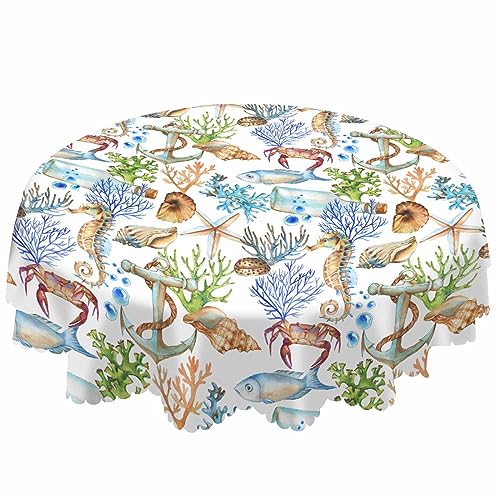 AOYEGO Marine Animals Round Tablecloth 60 Inch Fish Hippocampus Starfish Conch Crab Coral Bottle Ship Anchor Table Cloth Polyester Tablecloths for Home Decor, Parties, Picnic