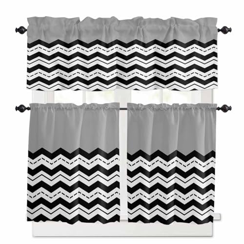 Black Chevron Kitchen Curtains 36 Inch Length,3 Piece Rod Pocket Small Half Tiers and Valance Set,Geometric Grey Print Wavy Striped White Small Large Window Treatment Decor for Bedroom/Bathroom Sink
