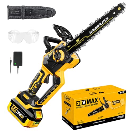 10 Inch Cordless Chainsaw for DEWALT 20V MAX Battery 1000W Brushless Handheld Chainsaw with 4.0Ah Battery Battery Powered Electric Chain Saw for Wood Cutting Battery & Charger Included